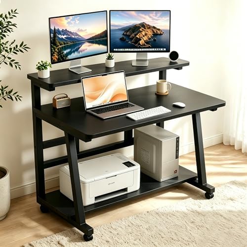 39.4 Inch Compact Rolling Computer Desk with Tier Worktable & Lockable Wheels, Small Computer Desk, Small Desk for Bedroom, Mobile Writing Workstation Easy Assembly for Home Office Small Spaces - Image 2