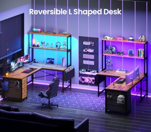 SEDETA L Shaped Gaming Desk, 51.2" Reversible Small Corner Desk with 4 Drawer, Power Outlet & LED Lights, Home Office Desk with Storage Shelves for Small Space, Rustic Brown - Image 3