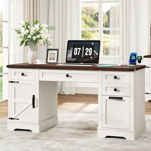 Squireewo 58'' Farmhouse Home Office Desk with Drawers, Wooden Executive Desk with Charging Station, File Drawers and Storage Cabinet, Computer Desk for Work, Study and Writing, Rustic White by Squireewo