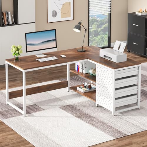 Tribesigns L Shaped Computer Desk with Storage Drawers, 59 inch Corner Desk with Shelves, Reversible L-Shaped Office Desk Study Writing Table Workstation for Home Office, Walnut & White - Image 3