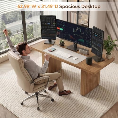 Bestier 63 Inch Wood Executive Desk, Fluted Office Desk Writing Table Brown - Image 3
