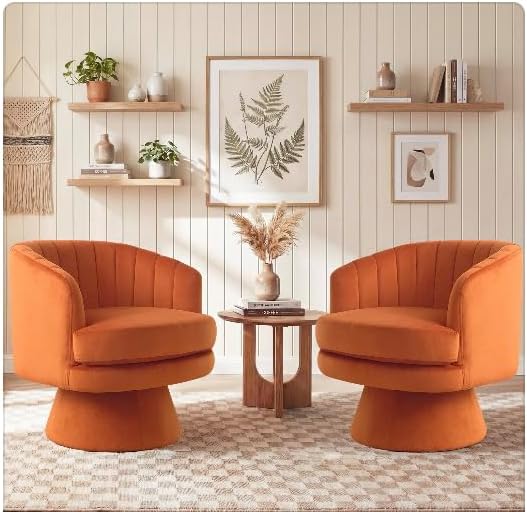 CANMOV Swivel Accent Chair with Armrest Set of 2, Modern 360 Degree Swivel Barrel Chair with Curve Back and Soft Cushion, Comfy Velvet Round Armchair Single Sofa for Living Room, Waiting Room, Orange by CANMOV