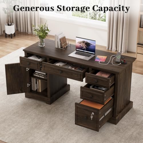 Vipbear 59" Farmhouse Executive Desk with Drawers, Wood Home Office Computer Desk, Featuring Lockable File Drawer, Storage Cabinet & Power Outlet Storage Cabinet for Work Study Writing (Walnut Brown) - Image 6