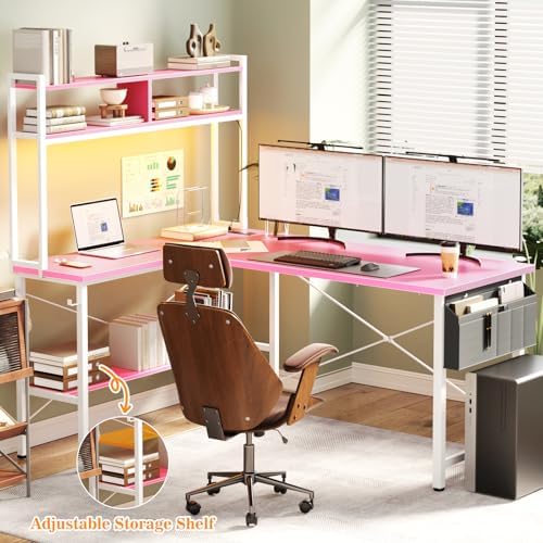 Aheaplus 59" L Shaped Desk Gaming Desk with LED Light & Power Outlet, Pink - Image 2