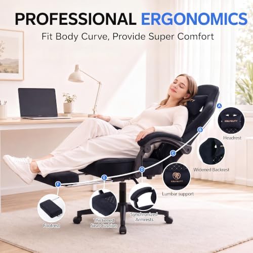 Desk Computer Gaming Chair - High Back Ergonomic Office Chair with Footrest and Lumbar Support, Swivel Comfy Home Gamer Video Game Chairs with Pocket Spring Cushion for Adults (Black Fabric) - Image 5