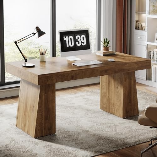 Tribesigns 55 Inches Executive Desk, Mid-Century Modern Home Office Desk, Wood MDF Computer Table Business Workstation Small Conference Table, Light Brown - Image 6