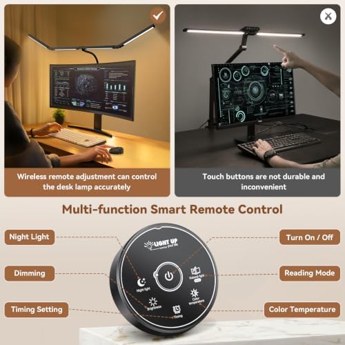 Pzloz Led Desk Lamps for Home Office - Eye Caring Architect Lamp with Clamp, Double Head Computer Monitor Work Desk Light with Remote Control: 24W Flexible Dimmable Desktop Table Lamp - Image 5
