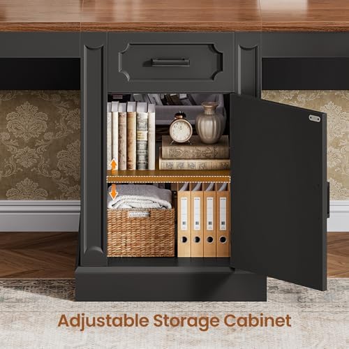 SEDETA Farmhouse 110.3" Two Person Desk with 7 Drawers, Long Computer Desk with Storage Cabinet, 2 Person Desk with Power Outlets for Home Office, Black+Brown - Image 5