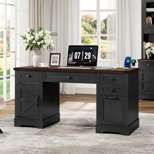 Squireewo 58'' Farmhouse Home Office Desk with Drawers, Wooden Executive Desk with Charging Station, File Drawers and Storage Cabinet, Computer Desk for Work, Study and Writing, Black by Squireewo