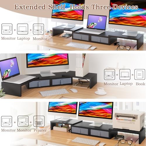 TEAMIX Wood Dual Monitor Stand Riser with Drawers-Length and Angle Adjustable Triple Monitor Stand with Storage Large Computer Riser for 2/3 Monitors/Laptops/PC/Printers - Image 2