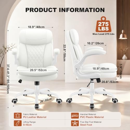 Leather Office Chair, White Computer Desk Chair with Dual Back Support - Image 2