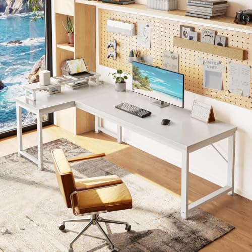 PRAISUN 53" L Shaped Computer Desk, Power Outlets, Monitor Stand, White - Image 2