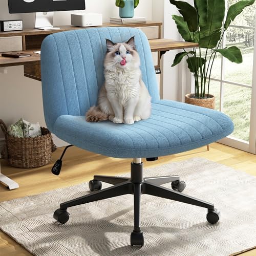 SUNLEI Cross Legged Office Chair with Wheels, Armless Wide Chair's for Vanity Desk, Criss Cross Comfy Chairs with Back, Desk Chair/s of Height Adjustable Swivel, Blue by SUNLEI
