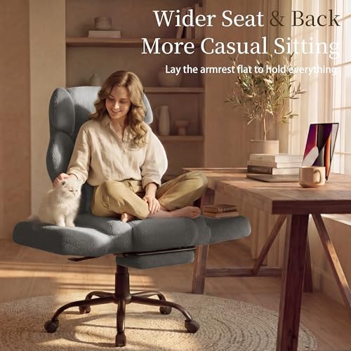 Office Chair with Flip Armrests,Comfy Criss Cross Chair for Pets Sitting,Big and Tall Office Chair with Foot Rest,Extra Wide Seat & Lumbar Pillow,Ergonomic Computer Gaming Chair,Teddy Fleece,Grey - Image 5