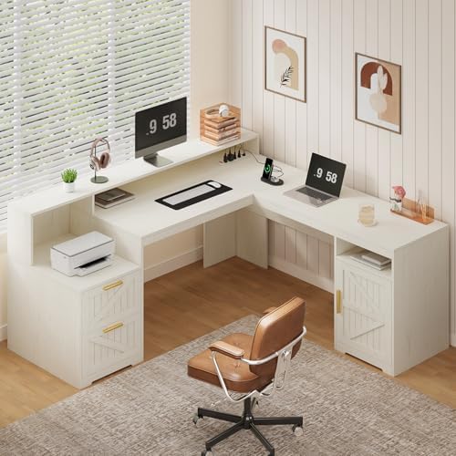 63" Farmhouse L Shaped Desk with Drawers & Printer Shelf for Home Office by YomiluveDesign