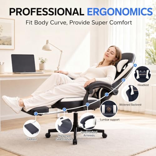 Desk Computer Gaming Chair - High Back Ergonomic Office Chair with Footrest and Lumbar Support, Swivel Comfy Home Gamer Video Game Chairs with Pocket Spring Cushion for Adults (White Leather) - Image 5