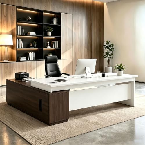 L Shaped Executive Desk with Drawers, Large Wood Workstation, Modern Executive Office Furniture for Home Office and Business Workspace, Multiple Sizes & Colors by Unknown
