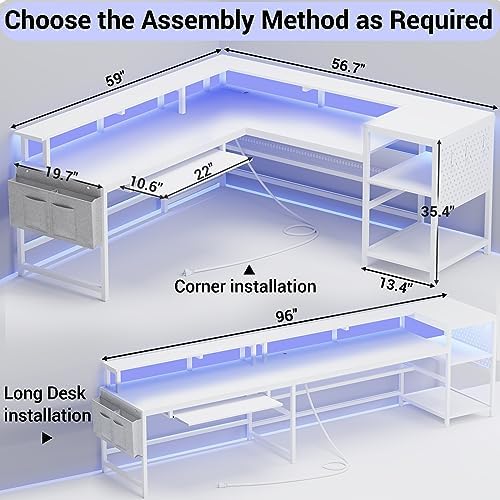SEDETA L Shaped Gaming Desk, Reversible Computer Desk, Gaming Desk with Power Outlets & LED Strip, Monitor Shelf, Keyboard Tray, Pegboard and Storage Shelves for Home Office, White - Image 2