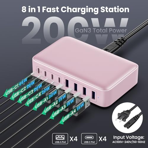 USB C Charger 200W USB C Charger Block,Upgraded GaN III 8-Port Fast Charging Station Hub,PD 65W Laptop Charging Adapter Compatible with MacBook Pro/Air,DELL,Steam Deck,iPhone 16/15/14,Galaxy S23/22 - Image 5