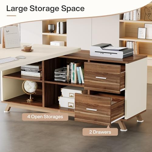 Tribesigns 78.7" L-Shaped Executive Desk, Modern Office Desk with File Drawers & Storage Shelves, Large Computer Desk with 55-Inch Cabinet, Business Workstation for Home Office, Beige & Walnut - Image 5