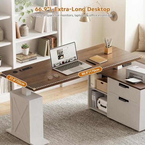67" L Shaped Standing Desk with Drawers Electric Corner Desk White - Image 4