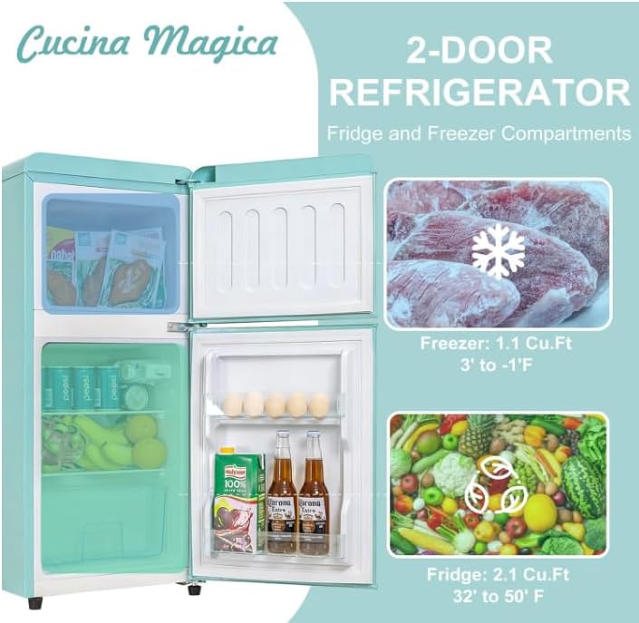 3.2 Cu.Ft Retro Mini Fridge with Freezer – Double Door, Blue - Image 2