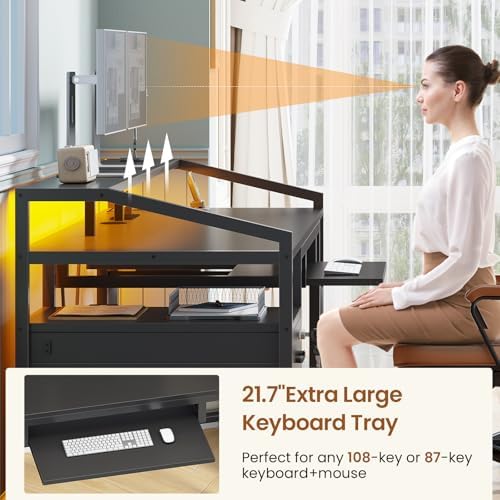 SEDETA 63" Computer Desk, Office Desk with Lockable Drawers for Legal/Letter File, Gaming Desk with LED Lights & Power Outlet, Home Office Desks with Storage, Black - Image 6