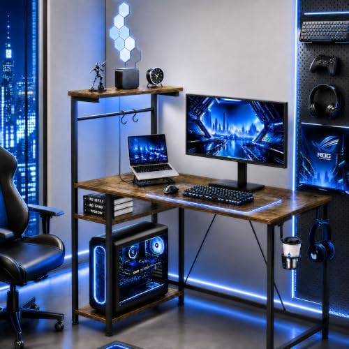 GTPLAYER 43" Gaming Desk with LED Lights, Reversible Shelves, Brown by GTPLAYER