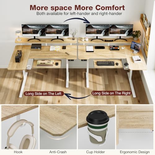 Acrolix 59" L Shaped Standing Desk with Shelves Keyboard Tray,Oak - Image 5