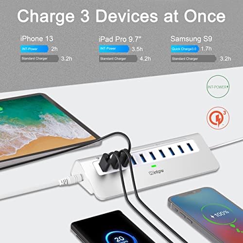 Powered USB Hub 10Gbps, 10 Port USB 3.2 Gen 2 Hub with 7 USB 3.2 Data Ports, 3 Fast Charging Ports, 36W Power Adapter, Type A and Type C Cable, Aluminum USB Hub for Laptop, Mac, PC - Image 3