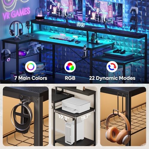 Bestier 71.5 Inch L‑Shaped Gaming Desk with LED & Power Outlets, Black - Image 4