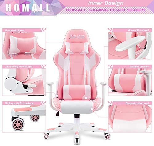 Homall Gaming Chair, Office Chair High Back Computer Chair Leather Desk Chair Racing Executive Ergonomic Adjustable Swivel Task Chair with Headrest and Lumbar Support(Pink) - Image 4