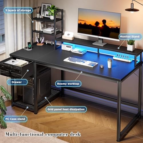 EnHomee 44" Gaming Desk with Hutch and Drawers,Black - Image 5
