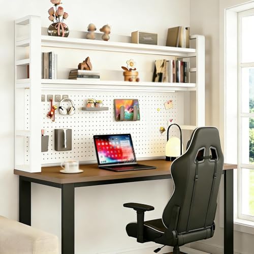 2/3/4 Tier Desk Hutch, Freestanding Desktop Bookshelf, Metal Desk Shelf with Pegboard, Desk Shelves for Top, for Dorm Office and Home(White+White,45 * 9 * 37in) by ZUGIATP