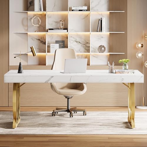 Tribesigns 63-Inch Executive Desk, Modern Office Computer Desk with Stylish Gold Legs, Rectangular Workstation for Home Office, Small Conference Table for Meeting Room (White & Gold) - Image 6