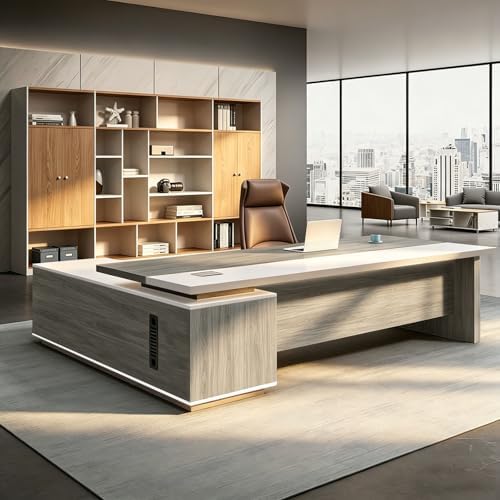 L Shaped Executive Desk with Drawers, Large Office Desk with Storage Cabinet, Wood L Shape Desk for Home Office or Business Workspace, Left or Right Cabinet Option, Multiple Sizes & Colors by Unknown