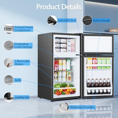 Electactic 2.5 Cu.Ft Mini Fridge with Freezer, Double-Door Compact Refrigerator, Adjustable Glass Shelves, Mechanical Thermostat & Leveling Feet, Space-Saving for Apartment/Dorm/Office, Silver - Image 3