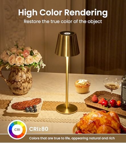 3 Pack Cordless Table Lamp, Portable Battery Operated Lamp with 3 Color Temps and Stepless Dimming, Rechargeable Table Lamp for Dinner, Desk, Cafe, Outdoor (Brushed Gold) - Image 6