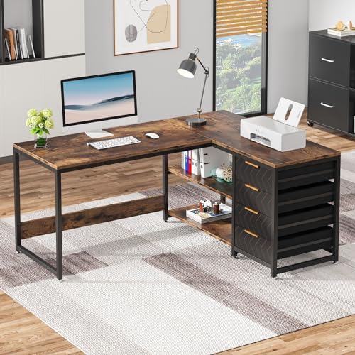 Tribesigns L Shaped Computer Desk with Storage Drawers, 59 inch Corner Desk with Shelves, Reversible L-Shaped Office Desk Study Writing Table Workstation for Home Office, Brown - Image 3
