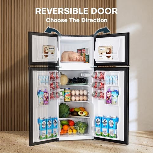 Upstreman 4.0 Cu.Ft. Mini Fridge with Freezer, Dorm Essentials, Double Door, Small Refrigerator for Office, Dorm, Bedroom, Adjustable Thermostat, Large Capacity, Stainless-SR401 - Image 4