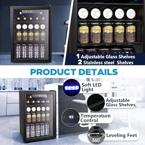 Electactic 2.6 Cu.ft Beverage Refrigerator Cooler, 95 Can Mini Fridge Glass Door with Adjustable Shelves, Digital Temperature Display, Freestanding Small Drink Fridge for Home, Office or Bar(Black) - Image 6