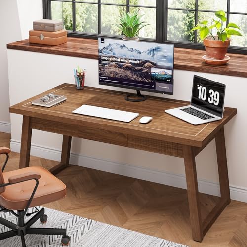 Tribesigns Home Office Executive Desk: 55 Inches Wooden Computer Desk with Drawer, Mid-Century Modern Study Writing Table, Rustic PC Laptop Desk Workstation Furniture, Walnut Brown - Image 4