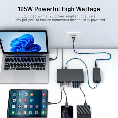 10 Port Powered USB 3.0 Hub, Industrial Rack Mountable USB Data Hub with 12V/3A Adapter 105W Output ESD Protection, Rugged Metal Case USB Expander Splitter - Image 4