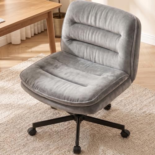 GTPLAYER Cross Legged Office Chair, Armless Desk Chair Cute Vanity Chair with Wheels Computer Chair Comfy Wide Office Chair Adjustable Swivel for Home Computer Task,Soft Velvet, Dark Grey by GTPLAYER