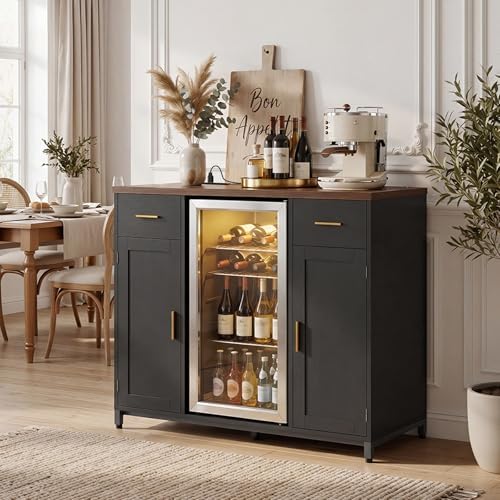 Unikito Coffee Bar Cabinet with Mini Fridge Space & Power Outlet, Black - Image 5