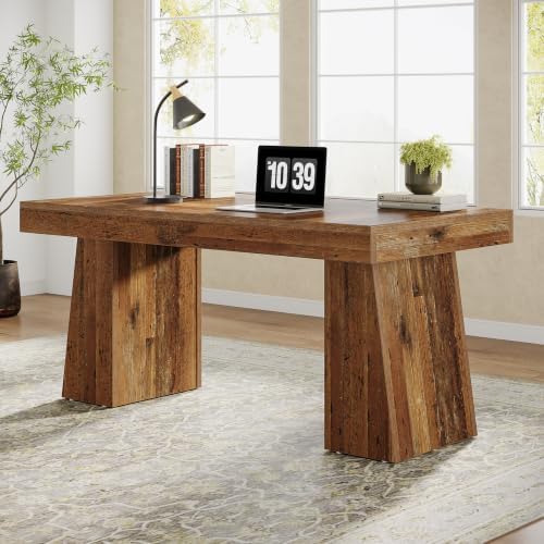 Tribesigns 55" Executive Desk, Wooden Office Desk with Double Pedestal, Modern Simple Computer Writing Table for Home Office, Mix Brown by Tribesigns