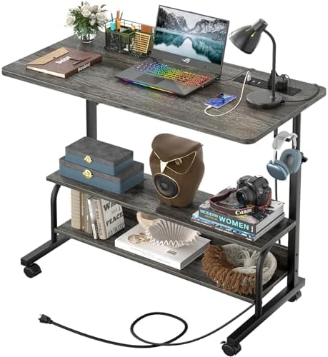 32" Height Adjustable Standing Desk with Power Outlets - Manual Rolling Stand Up Desk with Wheels Small Portable Computer Desk Mobile Laptop Table with Storage Shelves for Home Office, Grey Oak by Besiost