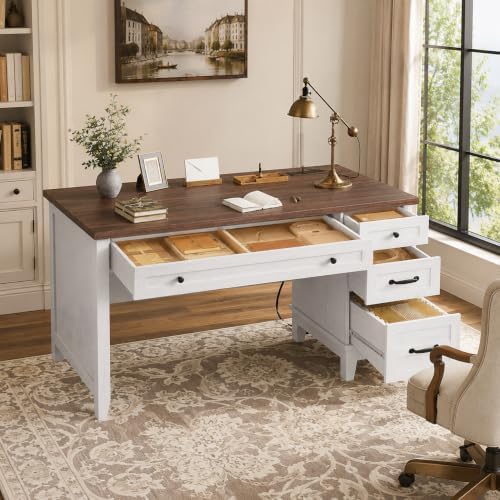 53.54" Executive Desk with Drawers, Farmhouse Home Office Desk with Charging Station & File Cabinet, 4 Storage Drawers Computer Desk with Power Outlet for Work Study Writing, White Walunt by SLEKVERSA