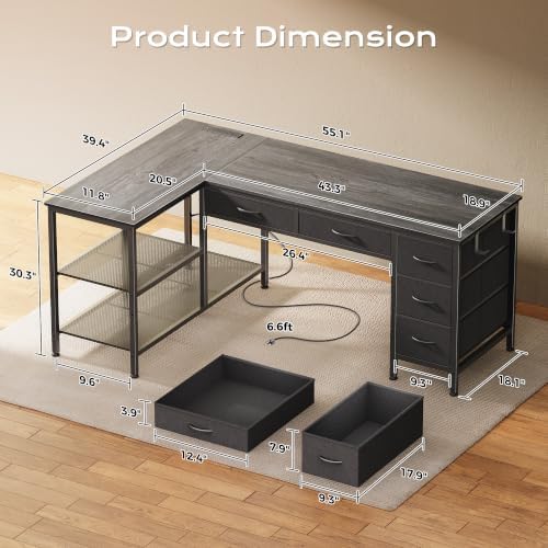 PRAISUN 55 Inch L Shaped Desk with Power Outlets, 5 Fabric Drawers - Image 3