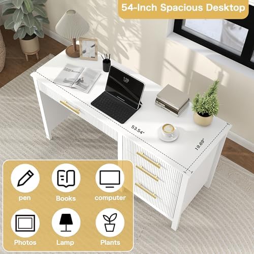 Executive Desk with Drawers: 54" White Home Office Desks with File Drawer - Image 6